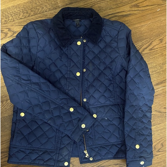 J Crew Quilted Puffer Down Jacket Womens Sz XS Corduroy Collar Navy Blue Gold - Picture 9 of 13